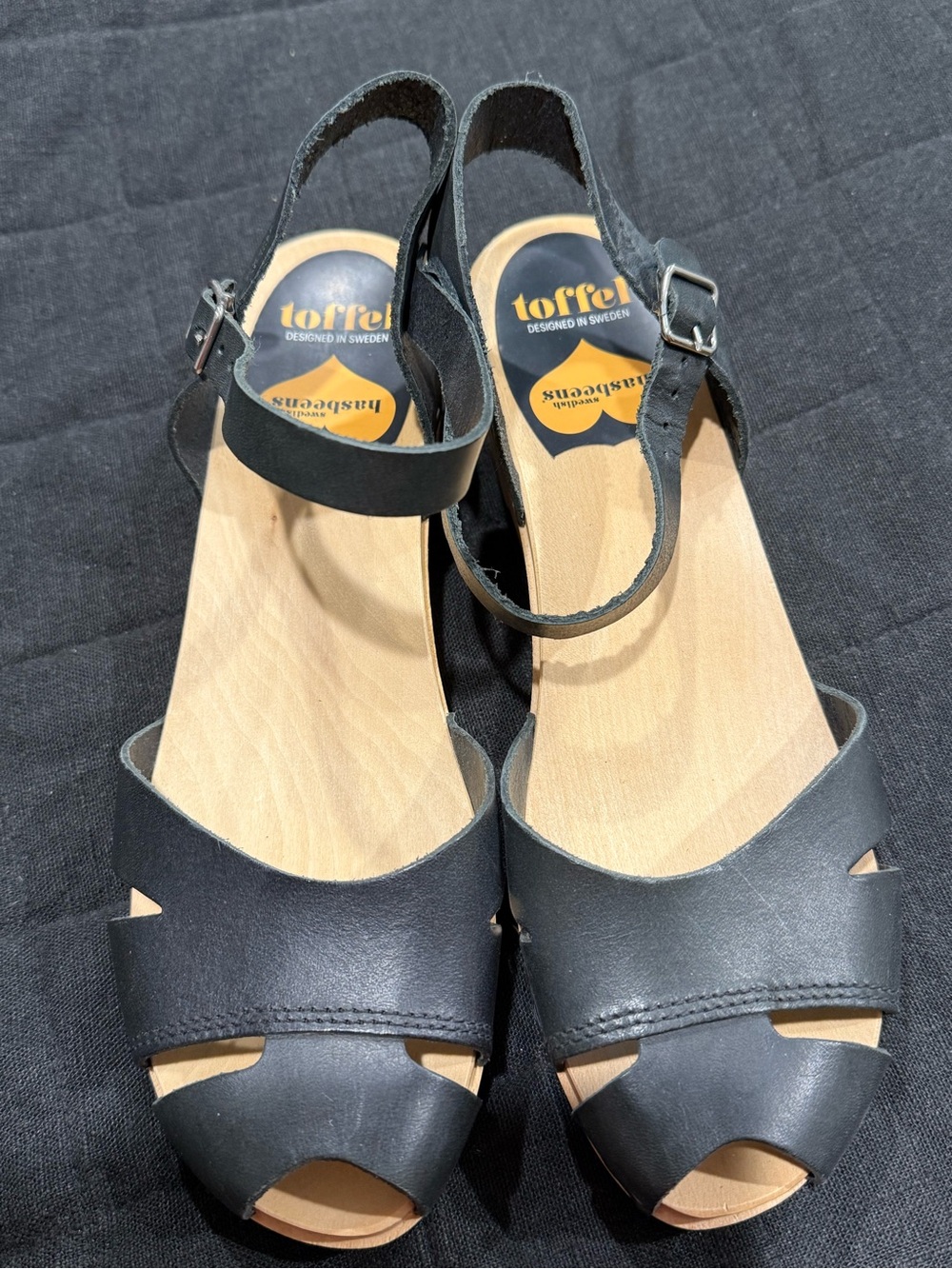 Swedish Hasbeens Black Leather Open-Toe Slingback Sandals